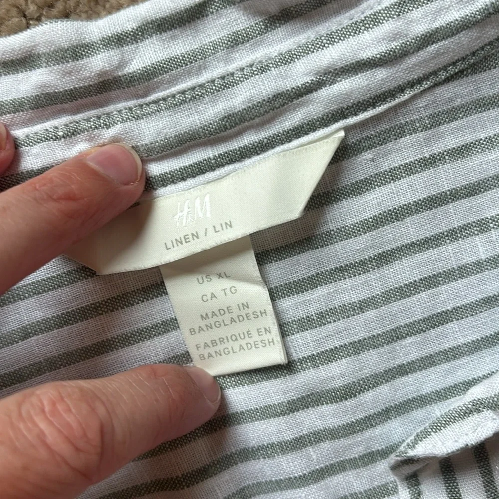 H&M Linen Green & White Striped Button-Up Women's Top XL - Picture 10 of 13